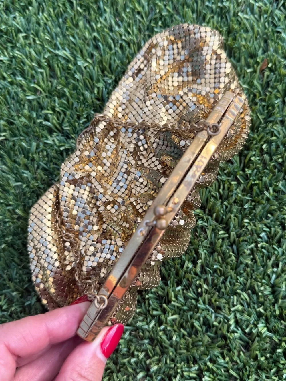 VTG 1940s Whiting Davis Gold Mesh Flapper Bag Purse Brass Pierced Frame USA NICE